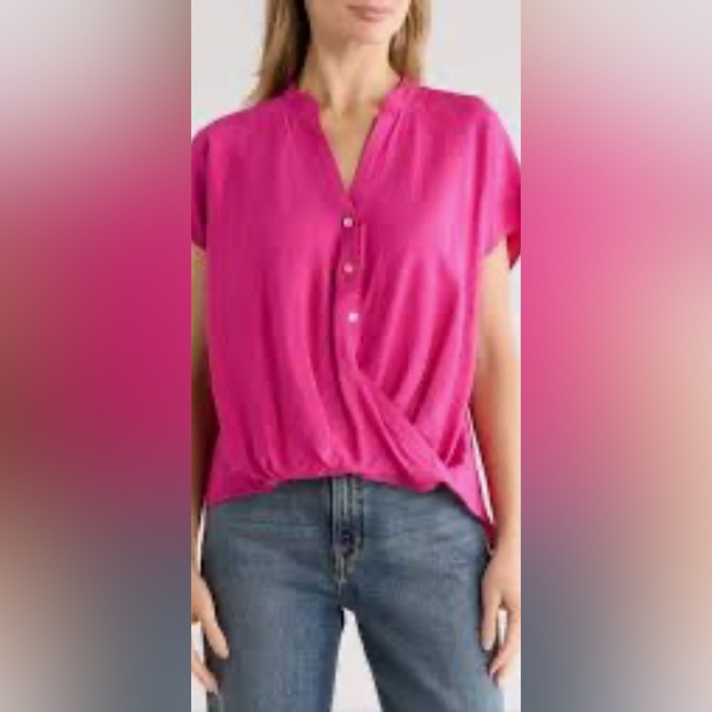 INC Women's Fuchsia Short-Sleeve Button Front Blouse M